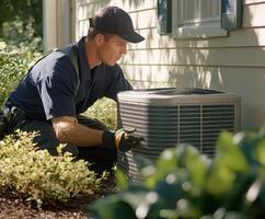 Technician performs maintenance on air conditioning unit during warm afternoon at a residential property photo