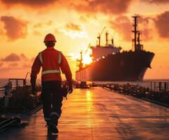 Maritime worker walks towards cargo ship during vibrant sunset over the horizon at a busy port photo