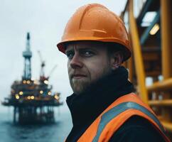 Worker on offshore oil rig during overcast weather with focus on safety gear and equipment background photo