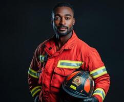 Firefighter in uniform poses confidently with helmet against dark backdrop showcasing bravery and dedication photo