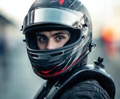 Racer preparing for a competition in a striking helmet at the racetrack photo