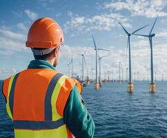 Worker observes offshore wind turbines in action during a clear day at a renewable energy site photo
