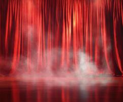 Red curtains with fog create an atmospheric setting for a stage performance in a theater at night photo