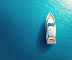 Luxury boat floating on serene blue water under bright sunlight near coastal shore photo
