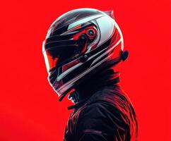 Racing driver in a helmet against a vibrant red background during a dynamic motorsport setting photo