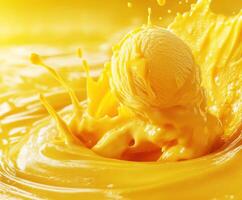 Delicate scoop of ice cream splashes into vibrant mango puree creating a captivating dessert scene photo