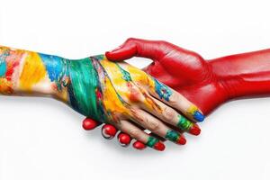 Colorful hands shake showcasing unity and creativity in artistic expression at a collaborative event photo