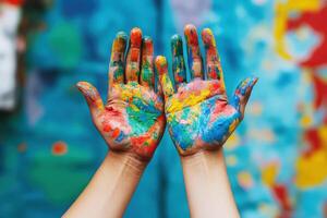 Colorful hands show artistic expression after painting at an outdoor event in a vibrant urban area photo