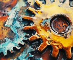 Intricate close-up of weathered gears showcasing the beauty of industrial design in a rustic setting photo