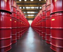 Rows of red barrels arranged in a warehouse for storage and organization of industrial materials photo