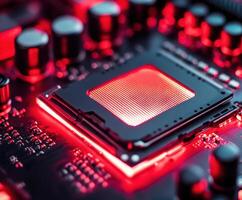 Close-up view of a glowing microprocessor on a circuit board with vibrant red lighting in a dark environment photo
