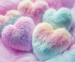 Colorful plush heart shapes arranged on a soft pastel background creating a cozy and whimsical atmosphere photo