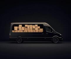 Delivery van filled with cardboard boxes parked against a dark backdrop during nighttime photo