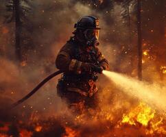 Firefighter battles fierce wildfire among burning trees during early evening hours with determination and skill photo