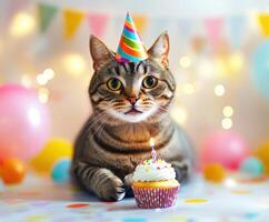 Cat celebrating birthday with colorful hat and cupcake at a festive party decor photo