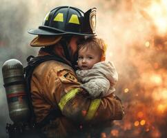 Courageous firefighter saves child from dangerous blaze during a heroic rescue operation photo