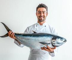 Chef holding a large fresh tuna fish in a bright kitchen setting during a culinary preparation photo