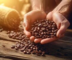 Hands hold roasted coffee beans in a rustic setting during golden hour light photo