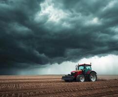 Dark storm clouds loom over a tractor working in a freshly plowed field at dusk photo
