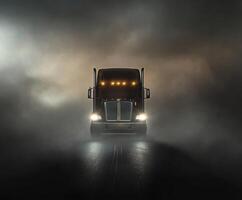 Heavy-duty truck illuminated in foggy conditions at nighttime on an empty road photo