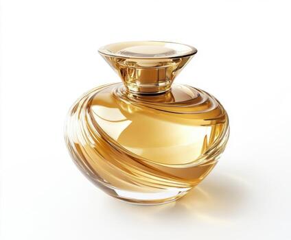 elegante dorado perfume botella con arremolinándose diseño en un sencillo antecedentes foto