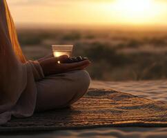 Sunset meditation with a glass of water and stones in a serene desert landscape photo