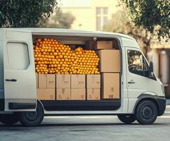 Delivery van filled with boxes of fresh oranges during daytime in an urban area photo