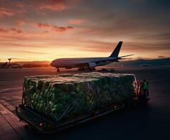 Cargo being loaded at sunset at an airport with a plane ready for departure photo
