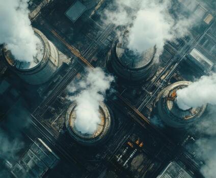 Industrial facilities generate steam while operating under clear weather conditions at a power plant complex photo