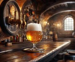 Golden beer served in a glass on a wooden bar in a rustic brewery with barrel and bottles in the background photo