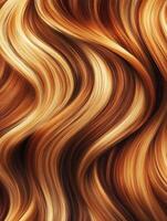 Beautiful flowing wavy hair showcasing a blend of golden and copper tones with a smooth texture in soft lighting photo