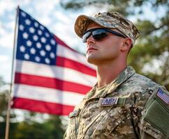 Soldier standing proudly in uniform with American flag during daytime at military base photo