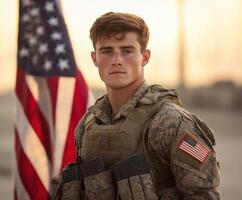 Young soldier stands proud in front of American flag at sunset during military service photo