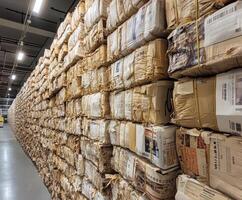 Stacked bundles of newspapers create a towering wall in an industrial storage facility showcasing organized clutter photo