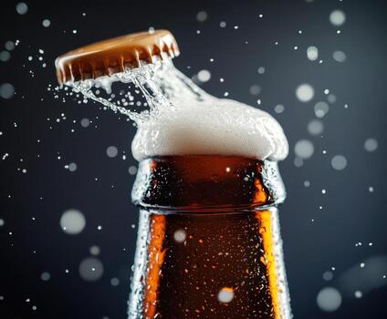 Pouring the freshness from a brown beer bottle as the cap pops off, creating a splash in a dynamic setting photo