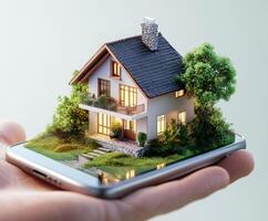 Innovative concept of a miniature house resting on a smartphone held in a hand, merging technology and home design photo