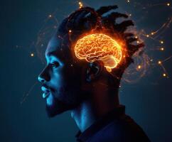 Creative visualization of knowledge and thought portrayed through a man with an illuminated brain concept in a dark background photo