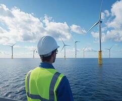 Worker inspects offshore wind turbines under a clear sky and calm waters photo