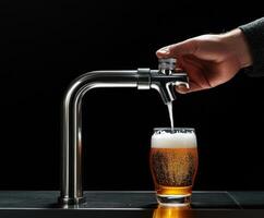 Pouring a cold beer from a sleek tap into a frosty glass against a dark background photo