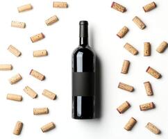 Elegant red wine bottle surrounded by corks on a white background photo
