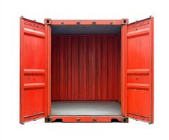 Red shipping container with open doors revealing an empty interior in a bright setting photo