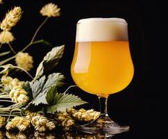 Refreshing craft beer served in a unique glass, surrounded by hop flowers and leaves photo