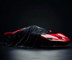Red sports car covered with black cloth in a dark studio setting creating a sense of mystery and anticipation photo