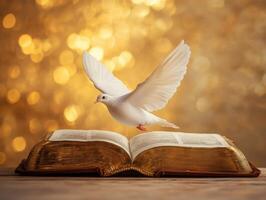 Dove spreads its wings over an open book with golden bokeh background during a serene moment photo