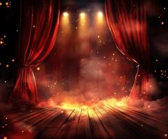 Bright stage with red curtains and dramatic lighting creates an enchanting atmosphere for performances and events photo