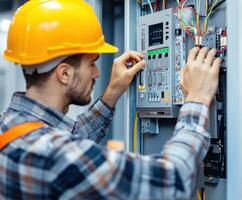 Skilled worker inspecting electrical control panel in construction site during daytime photo