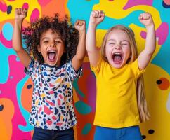 Excited children express joy in front of vibrant wall art at a colorful event photo