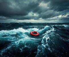 Lifebuoy floating in tumultuous sea under dark stormy clouds during a dangerous weather event photo