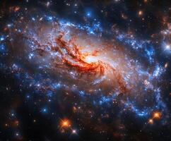 Stunning view of a spiral galaxy displaying vibrant colors and intricate patterns in deep space photo