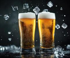 Chilled beer glasses with ice cubes splashing in a dark setting during a summer gathering photo